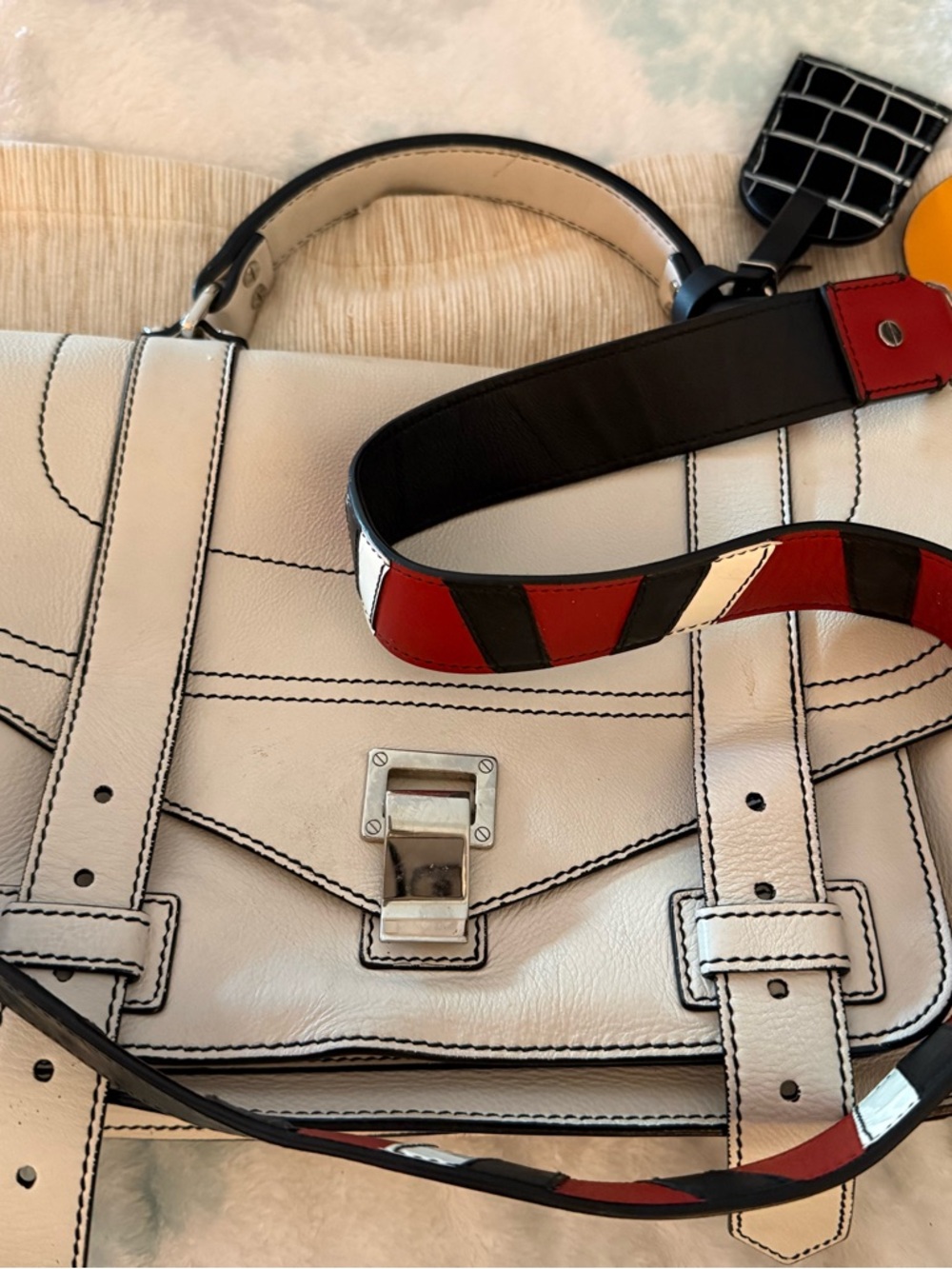 White Leather Proenza medium Shouler Satchel with Red & Black Accent Strap